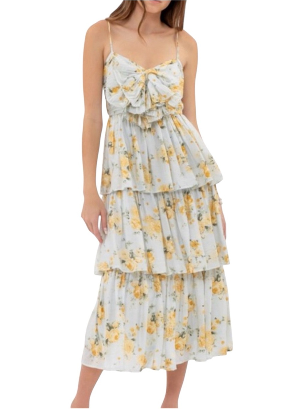 By The River - Tiered Floral Midi Dress - Yellow Floral on Light Blue - Size Med